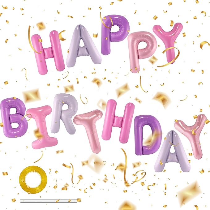 CANREVEL Happy Birthday Banner 13pcs 16 Inch Mylar Foil Letters Balloons Birthday Party Decorations for Kids and Adults - 3D Pink Purple