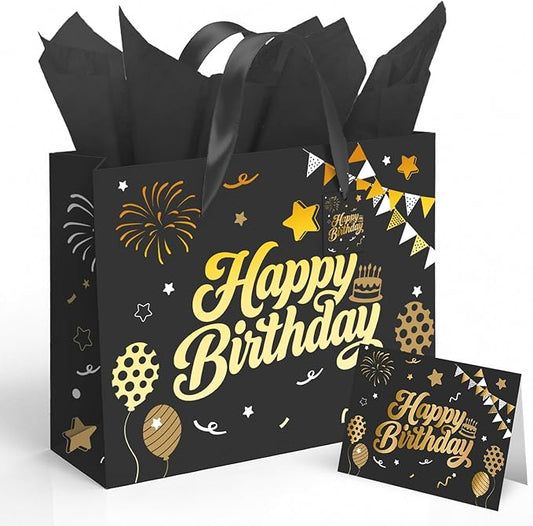 13” Black Birthday Gift Bag with Tissue Paper and Greeting Card, Happy Birthday Gift Bags for Party, Hot Foil Stamping Design Gift Wrap Bags Decor for Men, Women and Kids, 1 PCS, Medium Size