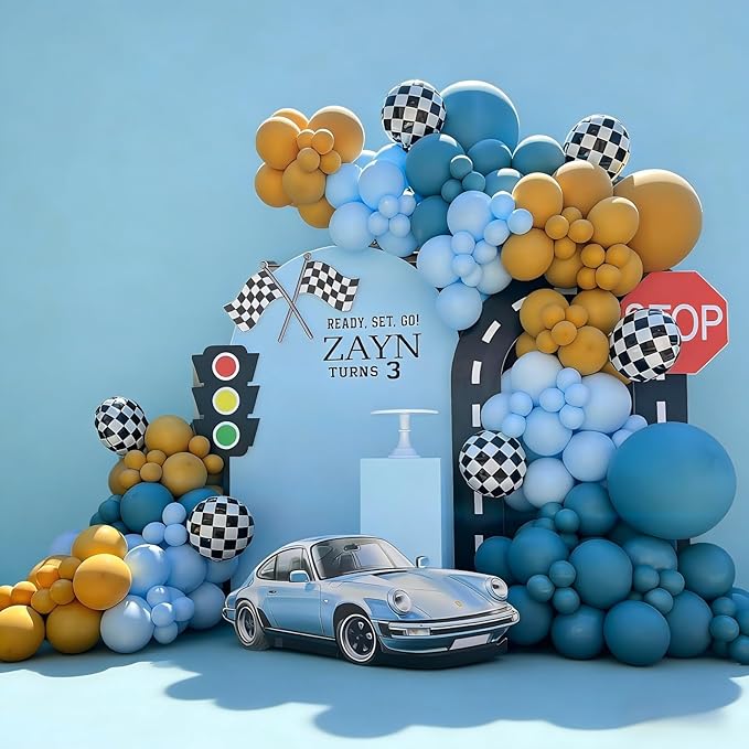 Race Car Balloon Garland Arch Kit 155Pcs Dusty Blue Yellow Latex Balloon Checkered Foil Balloons for Racing Car Truck Theme Two Fast 2nd Birthday Party Decorations