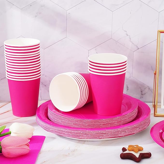 Whaline 100Pcs Hot Pink Pa rty Supplies Set Disposable Party Dinnerware Sets 50Pcs Paper Plates 25Pcs Napkin 25Pcs Cups for Wedding Birthday Party Supplies Table Decorations