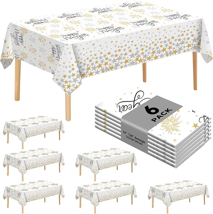 6 Pack Happy New Year Tablecloths Premium Disposable Plastic Tablecloth 54" x 108" Table Cloths for 6 to 8 Foot Tables New Years Eve Parties Decoration Supplies (New Year White)