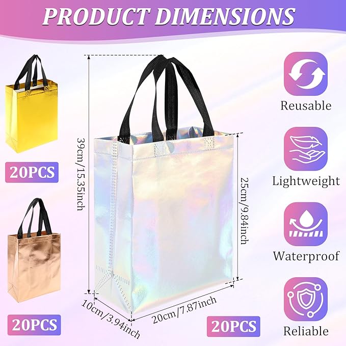 60Pcs Bulk Iridescent Glossy Gift Bags Medium Size, 8x4x10 Inch Holographic Reusable Gift Bags with Handles,Non-woven Gift Bags Bulk,Mix Color (20x Rose Gold,20x Golden Yellow,20x Iridescent Bags ) for Birthday, Wedding, Bachelorette, Party Favors, Hol...