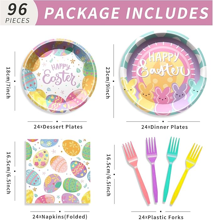 96 Pcs Easter Party Supplies Easter Plates and Napkins Set Colorful Eggs Birthday Party Decorations Tableware for Kids Bunny Spring Birthday Decorations, Serve 24