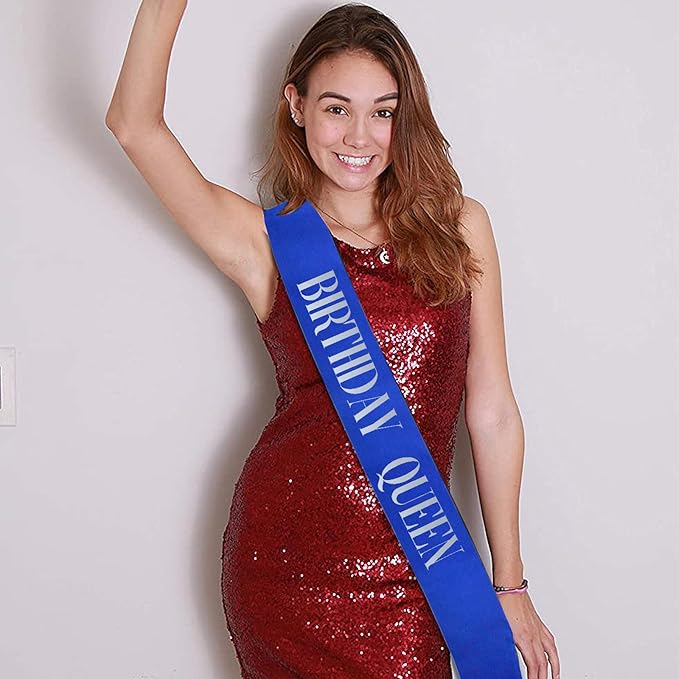 Birthday Queen Sash, Silver Foil Royal Blue Birthday Sash for Women 21st 30th 40th 50th 60th 70th Fun Birthday Party Favors Gifts Decorations