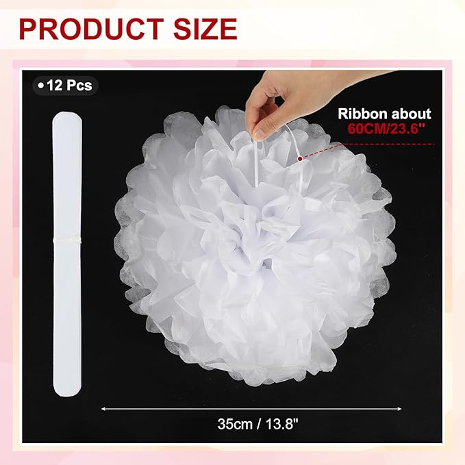 PATIKIL 14inch Tissue Paper Pom Poms, 12PCS Pom Poms Paper Flowers Ball Tissue Paper Flowers for Wedding Bridal Shower Birthday Bachelorette Party Backdrop Decoration, White