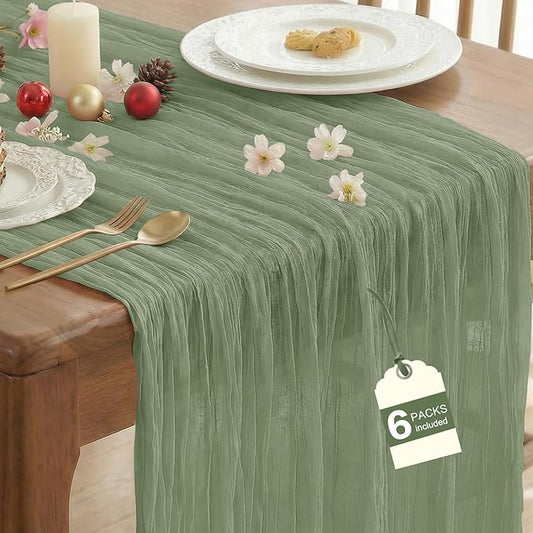IVAPUPU 6 Pcs Cheesecloth Table Runner - 10ft Sage Green Spring Boho Gauze Cheese Cloth Table Runners for Baby Shower Decorations Wedding Party Garden Farmhouse