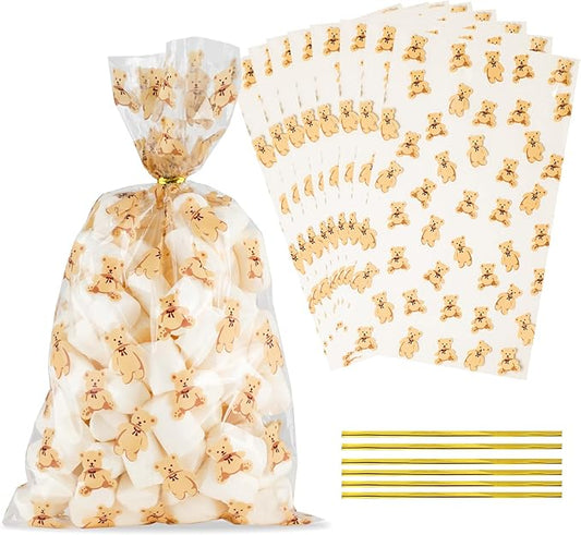 Docvania Clear Bear Cellophane Treat Bags Plastic Gift Bag 100 pcs 7 X 12 Clear Bear Cookie Bags with Ties Goodie Candy Bag Suitable for Birthday, Baby Shower , Boy Girl Party Favors ,Valentine's Day, and Holiday Parties