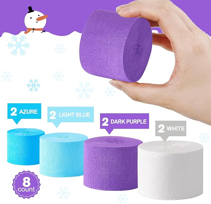 Frozen Birthday Party Decorations, 8 Rolls Purple Blue White Crepe Paper Streamers for Winter Princess Christmas Holidays Party DecorationWhite