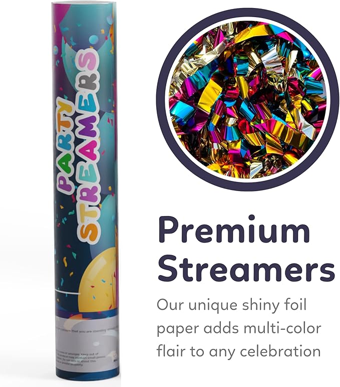 No Mess Streamer Confetti Cannon Party Poppers | 2 Pack | Multicolor Streamers | Glitter Bomb Confetti Shooters | Decoration for Birthday, Wedding | Launches 25 ft | 12 inch | TUR Party Supplies