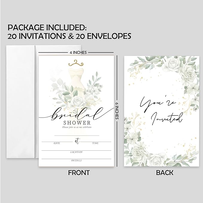 AEHIE 20 Sets Bridal Shower Invitations With Envelopes, Eucalyptus Leaf Double-Sided Printed Invitation Cards for Weddings, Engagement Showers, Parties and Receptions