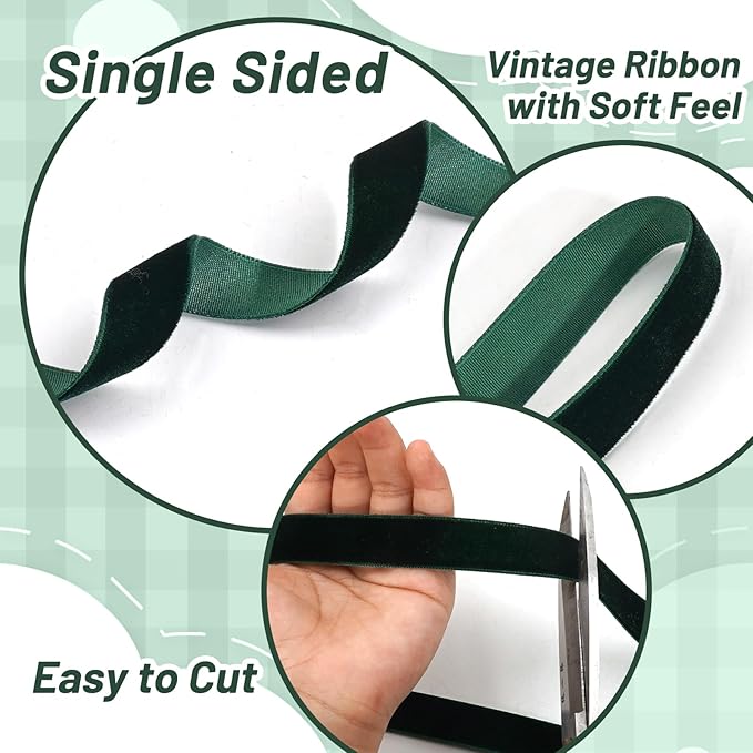 Vintage Dark Green Velvet Ribbon Set, Thin Velvet Ribbon for Gift Wrapping, 3 Rolls Skinny Christmas Ribbons for Christmas Tree Bow Ornaments, Holiday Decor, 3/8,5/8,1 inch Wide, 30 Yards Total