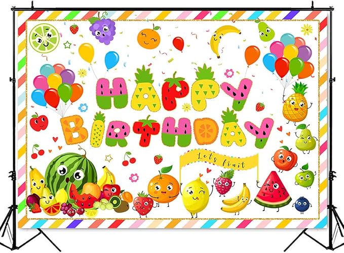 Mocsicka Fruit Birthday Backdrop Summer Fruit Themed Happy Birthday Party Decorations for Kids Watermelon Avocado Pineapple Cake Table Banner Photography Background (Colorful, 8x6ft(96"x72"))