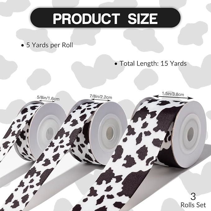 Cow Print Ribbon Set 3 Rolls Animal Print Grosgrain Ribbons 5/8", 7/8", 1.5", Western Farmhouse Barn Party Ribbon for Crafts, Gift Wrapping, Flower Bouquets, Wreaths & Bows, Gift Bag Decoration