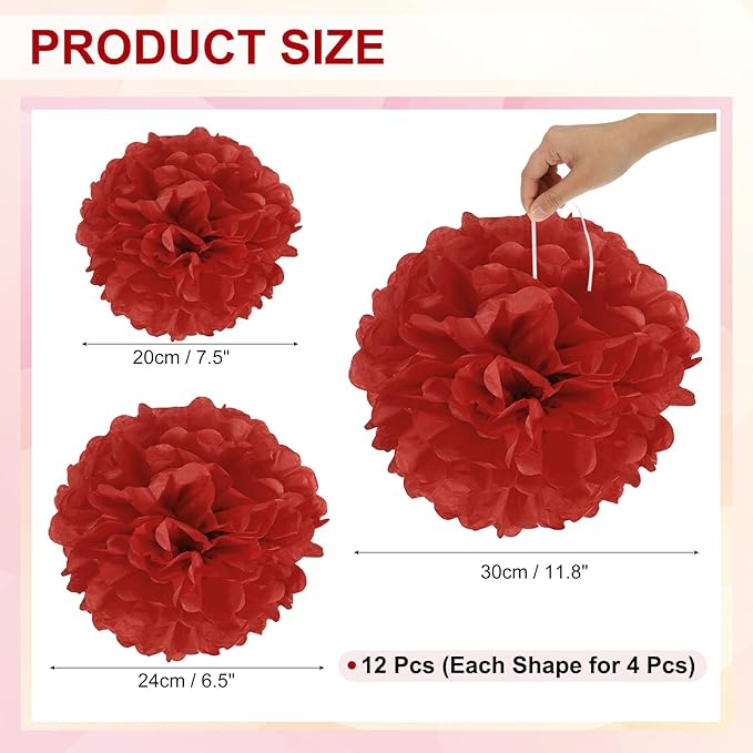 PATIKIL 8" 10" 12" Tissue Paper Pom Poms, 12PCS Pom Poms Paper Flowers Ball Tissue Paper Flowers Assorted Size for Wedding Bridal Shower Birthday Party Backdrop Decoration, Red
