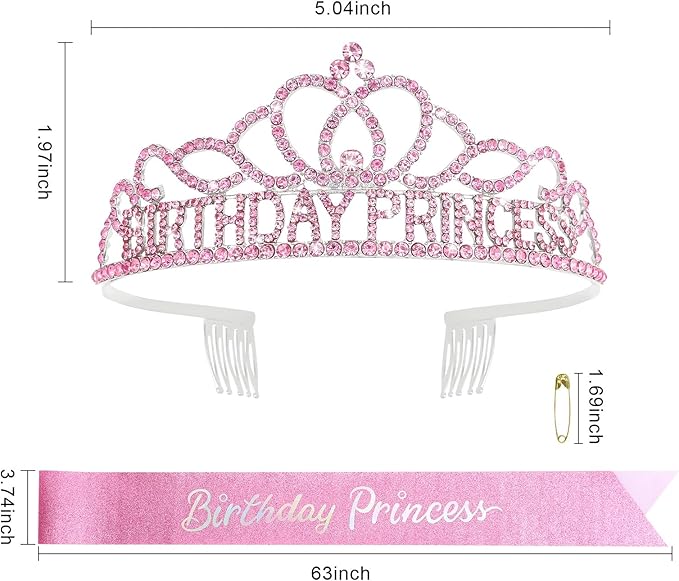 CAVETEE Princess Crowns and Sashes for Girls & Women - Birthday Party Decorations Set