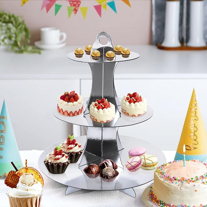 Soleebee 3-Tier Round Cupcake Stand, Cardboard Cupcake Tower, Dessert Cup Cake Stand Tower for Birthday Wedding Party Decoration, Cupcake Tier Stand 2 Set (Silver)