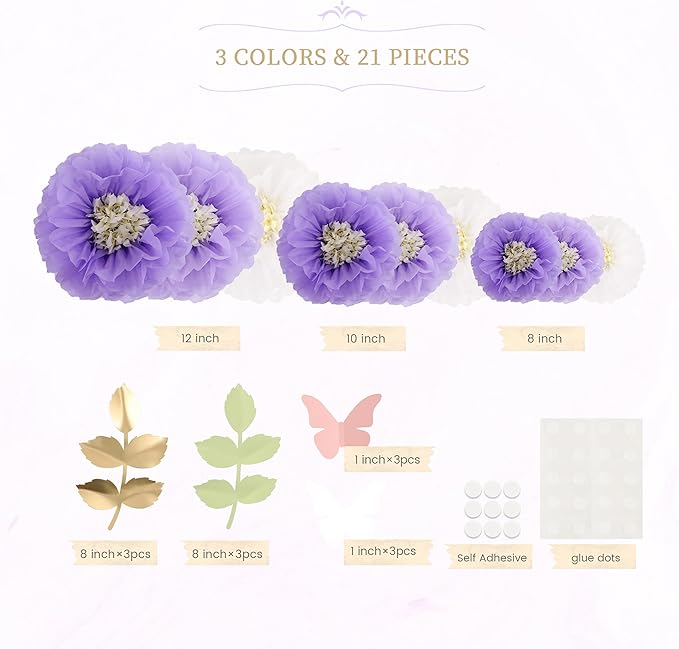 Fonder Mols Tissue Paper Chrysanth Flowers with Butterfly and Olive Leaves for Wedding Baby Shower Nursery Room Parties & Events Decorations Pom Poms (Purple White)