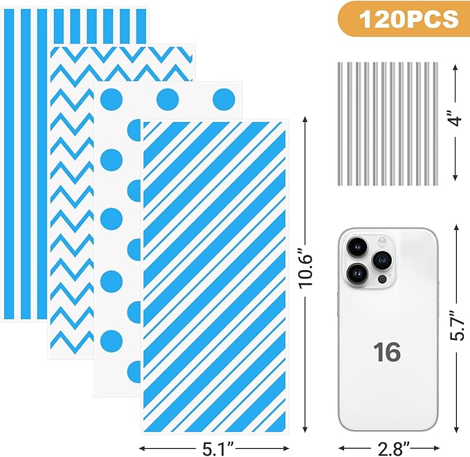 Aubeco 120 Pack 10.6x5.1 Inch Cellophane Treat Bags with Ties - Polka & Blue Stripes Candy Gift Baggies for Birthday, Wedding Party Favors, Snack Packing Supplies