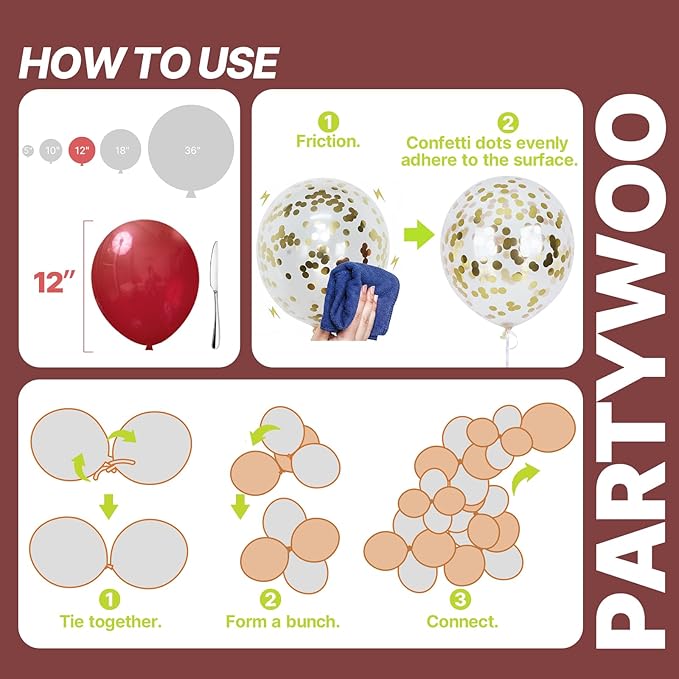 PartyWoo Burgundy White and Gray Balloons 66pcs 12 Inch Burgundy Maroon White Grey Balloons for Graduation Baby Shower Birthday New Year's Eve Anniversary Bachelorette Retirement Party Decorations