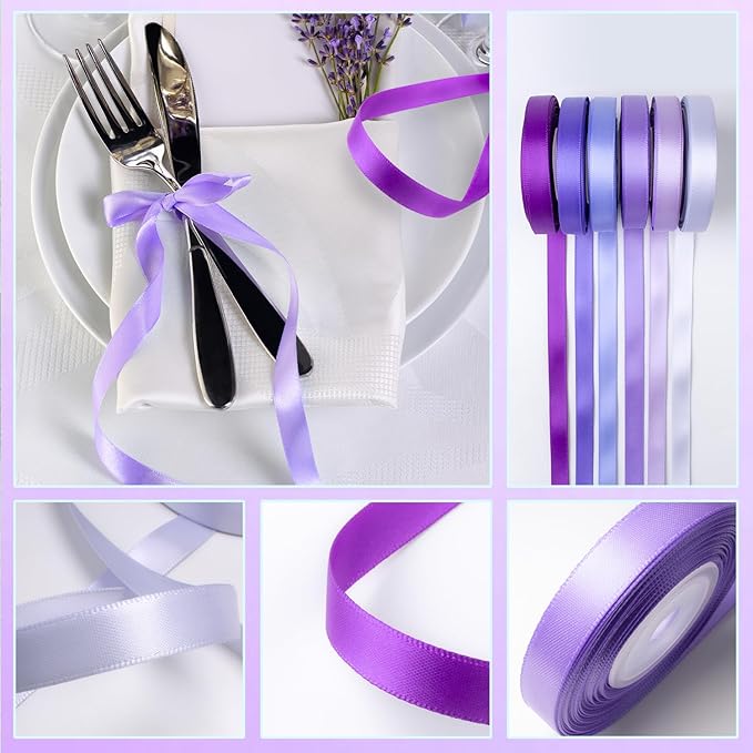 Purple Satin Ribbon 3/8 Inch Wide Lavender Light Purple Lilac Ribbon Assorted Solid Color Double Faced Satin Ribbon for Flower Bouquet Wedding Invitation Crafts Gift Wrapping Hair Bows - 60Yds