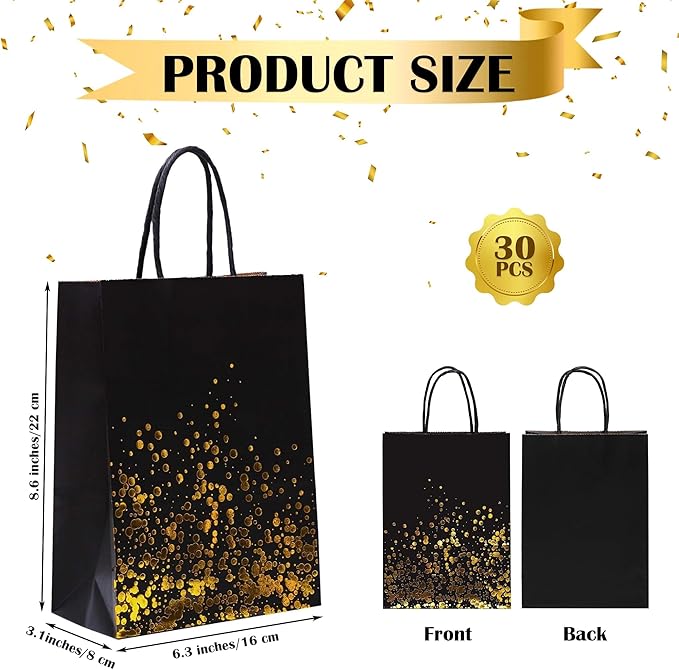 Cooraby 30 Pieces Bronzing Gold Black Paper Kraft Polka Dot Party Bags With Handle for Party Favors and Hen Parties