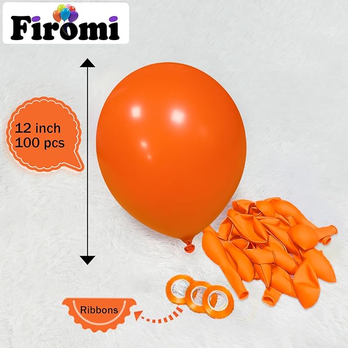 Firomi Orange Balloons 12-inch 100 Pack Thicken Latex Balloon (with 3 Ribbons)