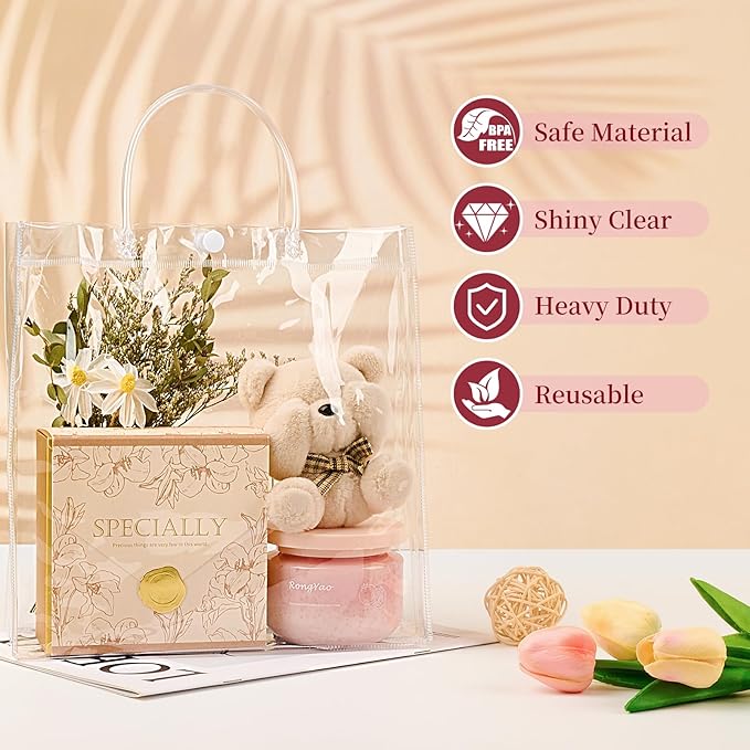 Jutieuo 20 PCS Clear Gift Bags with Handles, 9.8 x 9.8 x 3.5 Inches Reusable Plastic Goodie Bag Transparent Party Favor Bags Bulk for Weddings Birthdays Events, Classrooms & Celebrations