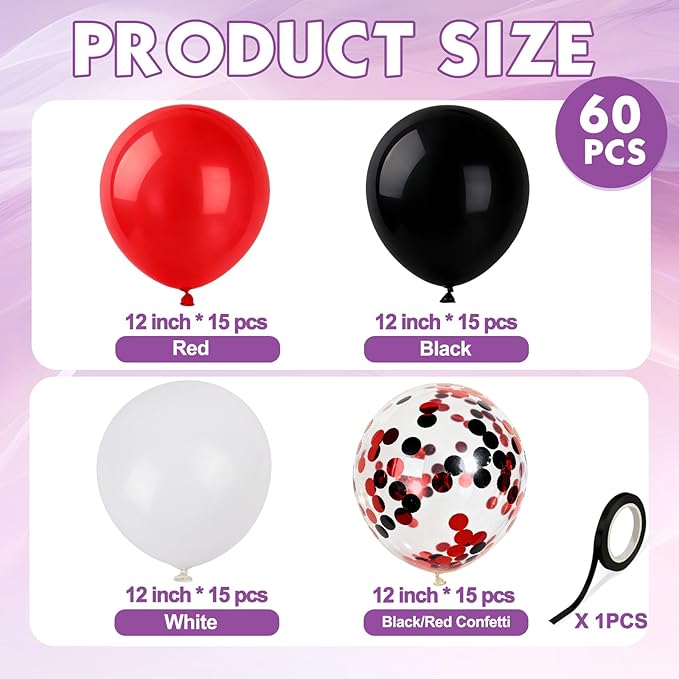 Red and Black Balloons White Black Red Confetti Balloon, 60 Pcs 12 Inch Latex Balloons with 1 Ribbon, for Wedding Bridal Shower Birthday Party Decorations