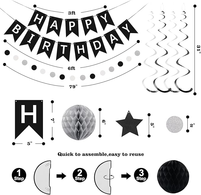 meowtastic Birthday Decorations, Happy Birthday Banner with Honeycomb Balls, Star Hanging Swirl Streamer, Circle Dot Garland, Happy Birthday Party Decoration for Women Men Boys Girls (Black & Silver)