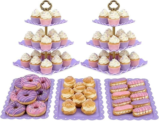 NWK 5 Piece Cake Stand Set with 2 x Large 3-Tier Cupcake Stands, 3 x Appetizer Trays, Perfect for Hosting Wedding Birthday Baby Bridal Shower Tea Party Decorations (Purple)
