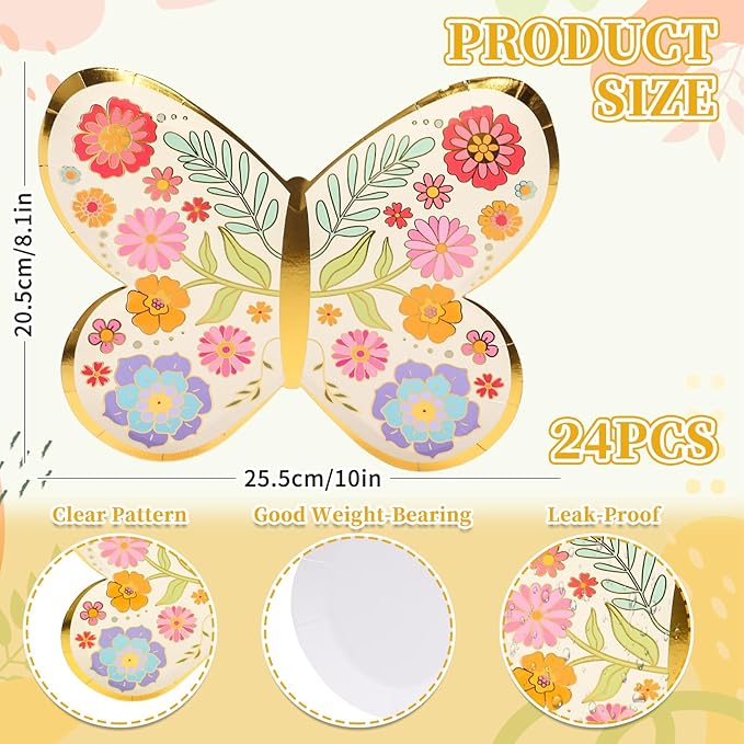FYSUIMU 24 Pcs Floral Butterfly Paper Plates Gold Foil Flower Disposable Plates Butterfly Shape Party Tableware for Spring Wedding Birthday Table Decor Supplies