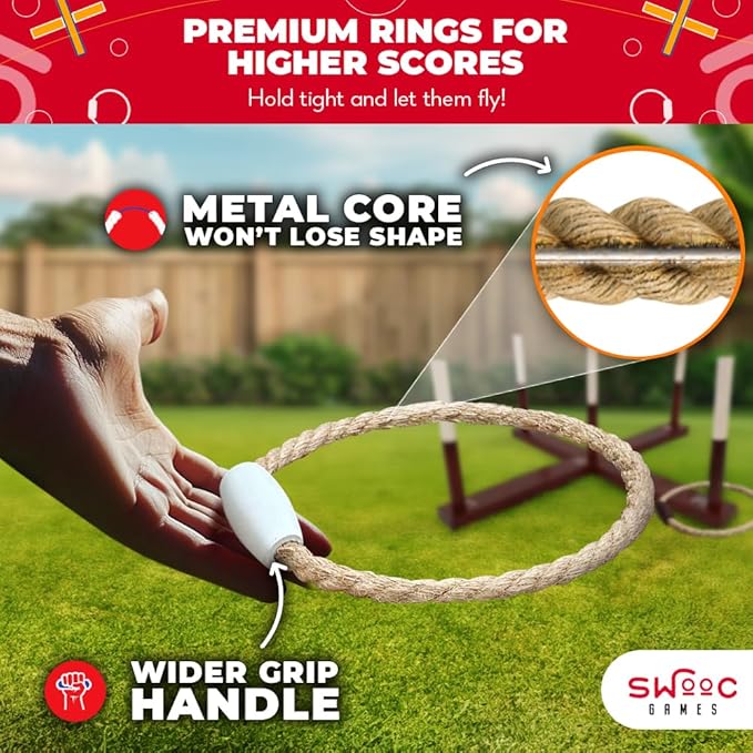 Swooc Games - Rustic Ring Toss Game (All Weather) - Easy Setup & Extra Games Included - Ring Toss Game for Adults - Outdoor Activities for Adults - Yard Toys for Kids - Backyard Fun - Outdoor Party