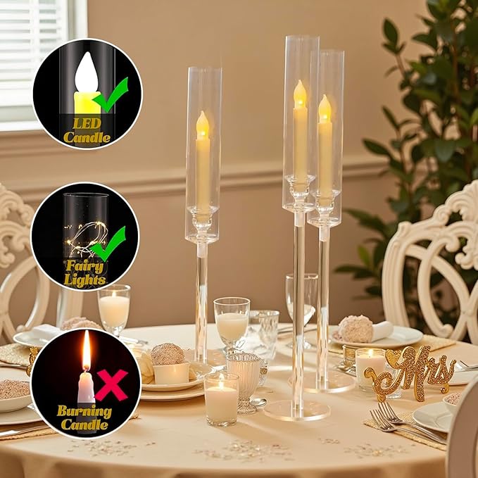Vincidern 12pcs Taper Candle Holder Acrylic Candlestick Holder Clear Set for Table Centerpiece, Long Candle Stick Candle Stand Cylinder Shade for Wedding Party Dining Room Decor