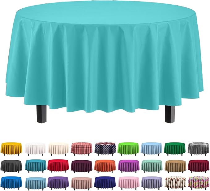 Exquisite Party Solids 6-Pack Premium Plastic Tablecloth 84in. Round Plastic Table Cover - Aqua…