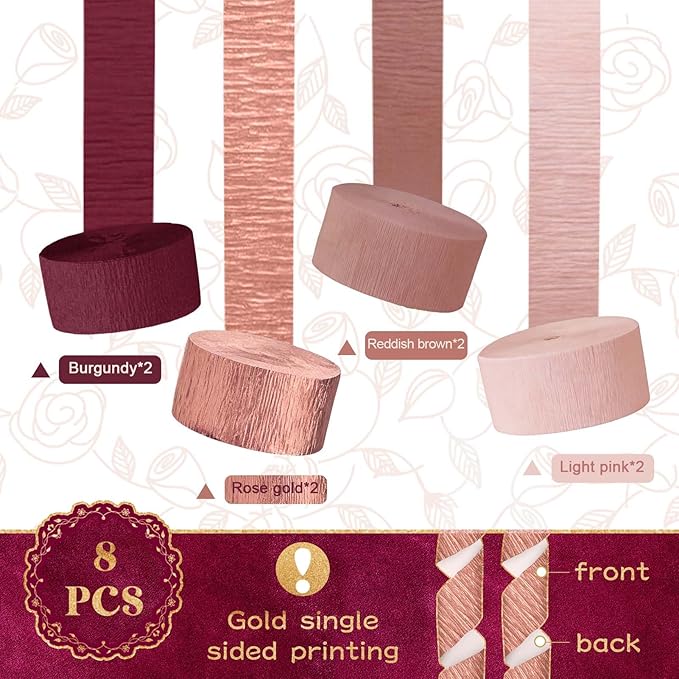 NICROLANDEE 8 Rolls Burgundy Rose Gold Crepe Paper Streamer Rolls for Birthday Wedding Engagement Bridal Shower Bachelorette Anniversary Valentine's Day Decorations