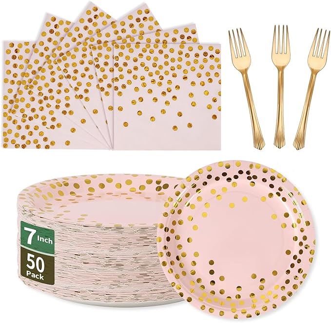Pink and Gold Paper Tableware Set-150PCS-50 x 7'' Dessert Plates & 50 x 6.5'' Napkins & 50 x 7.3'' Forks,Disposable Party Supplies for Baby Showers,Birthday,Wedding,Bridal Showers,Anniversary