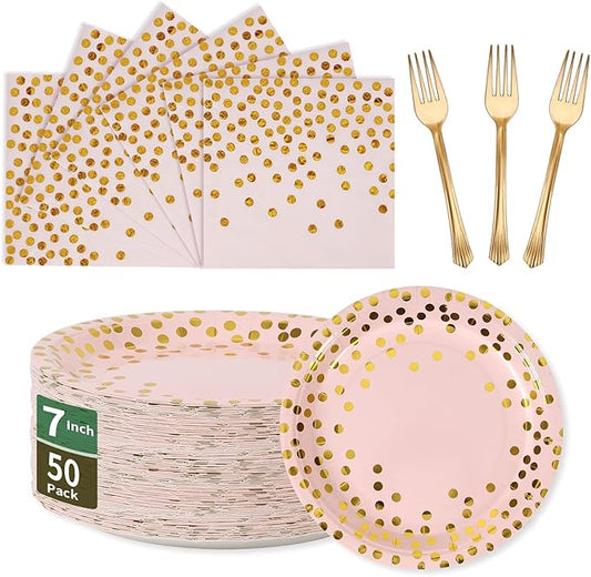 Pink and Gold Paper Tableware Set-150PCS-50 x 7'' Dessert Plates & 50 x 6.5'' Napkins & 50 x 7.3'' Forks,Disposable Party Supplies for Baby Showers,Birthday,Wedding,Bridal Showers,Anniversary