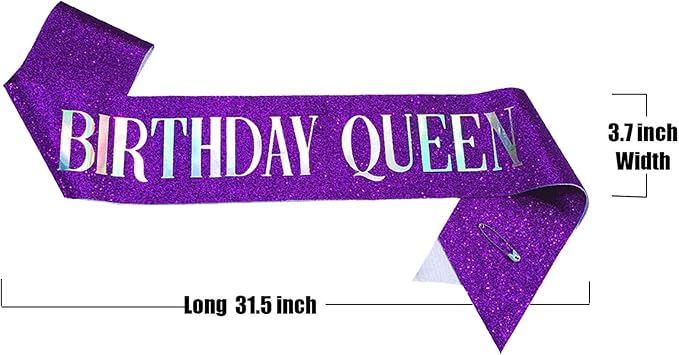 MGJSRNH Birthday Queen Sash,Purple Glitter Satin with Silver Iridescence Foil Sash for Women Girls,Party Decorations Supplies for Sweet 13, 18, 21,30,40,50 or Any Other Bday Party