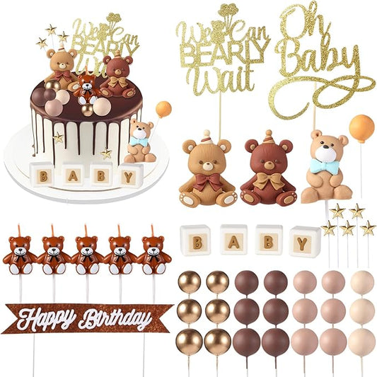 Beeveer 42 Pcs Bear Balls Cake Toppers Bear Cake Decorations Brown Candle Decorations Supplies for Birthday Party Wedding Baby Shower
