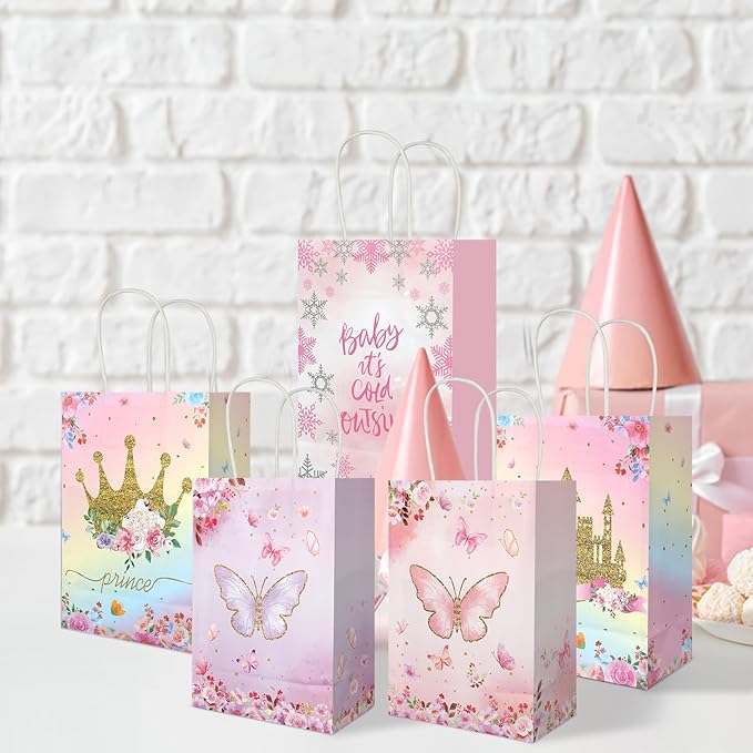20Pcs Princess Prince Gift Bags with Handles, Butterfly Floral Castle Crown Party Favor Bags, Candy Goodie Bags Paper Treat Bags for Princess Baby Shower Birthday Party Supplies