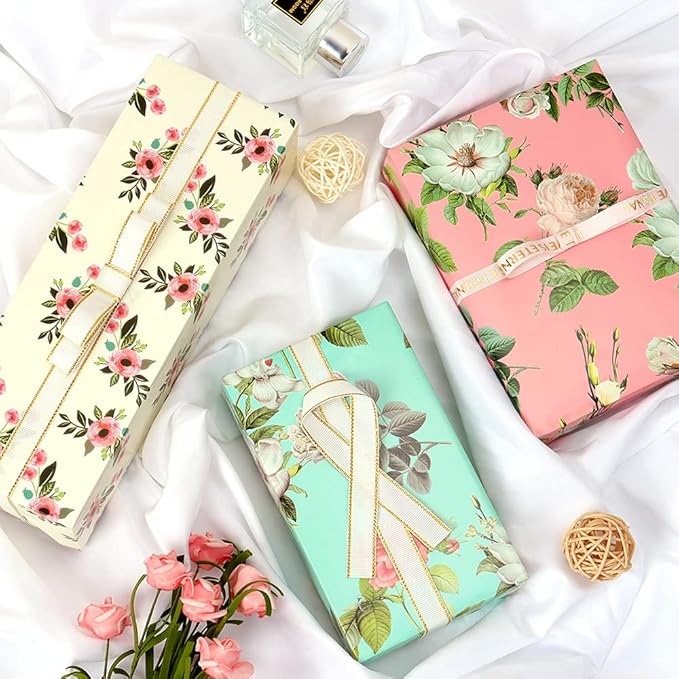 Gift Wrapping Paper Girls Women, 12 Sheets Floral Birthday Wrapping Paper, Pink Green Colorful Folded Gift Wrapping Paper for Birthday Valentines Day Bridal Shower Mother's Day, 19.6 x 27.5 Inches