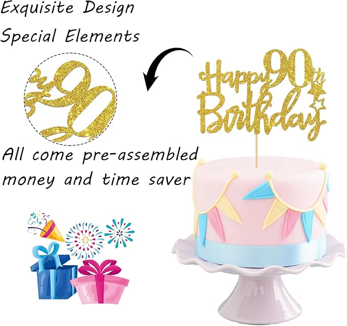 Gold Glitter Happy 90th Birthday Cake Topper - 90 Sign Cake Topper - Cheers to 90 Years Party Supplies - 90th Birthday Party Decoration