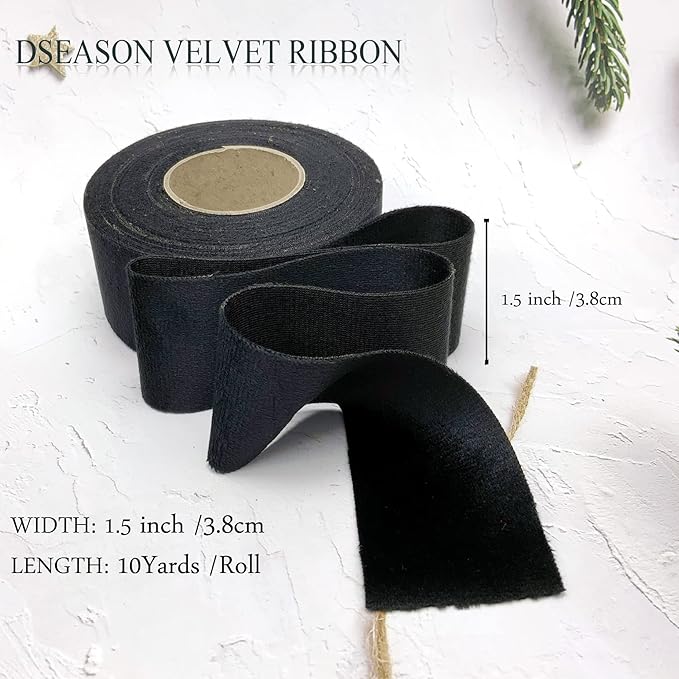 Velvet Ribbon Set 1.5" x 10 Yards, 1 Rolls, Dseason Handmade Black Velvet Ribbon Set for Gift Wrapping & Bow Making, Christmas Tree, Wreath Decoration, DIY Crafts Decoration