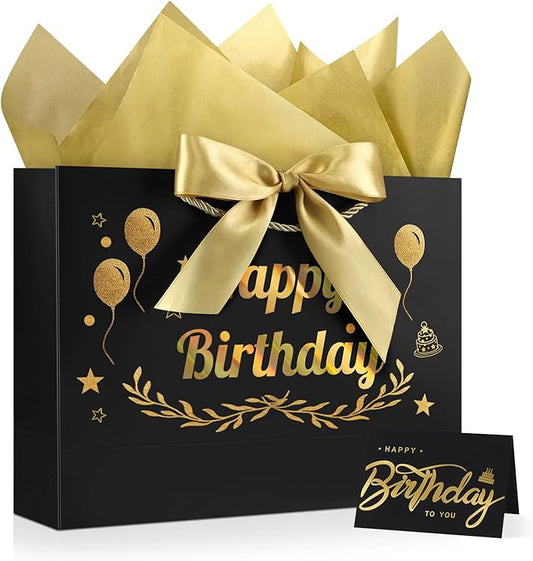 JMANNI Black Gold Happy Birthday Gift Bag with Card and Tissue Paper, 12.6"×9.84"×3.9" Elegant Present Bag for Men Women, Year Old Birthday Keepsake Party Supplies