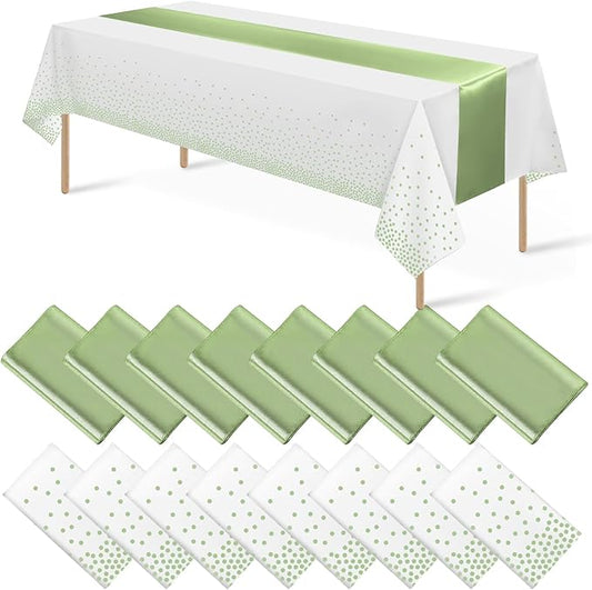 16Pack Plastic Tablecloths and Satin Table Runner Set Disposable White and Sage Green Dot Table Cloth Green Satin Table Runner for Wedding Birthday Baby Shower Anniversary Holiday Party Decorations