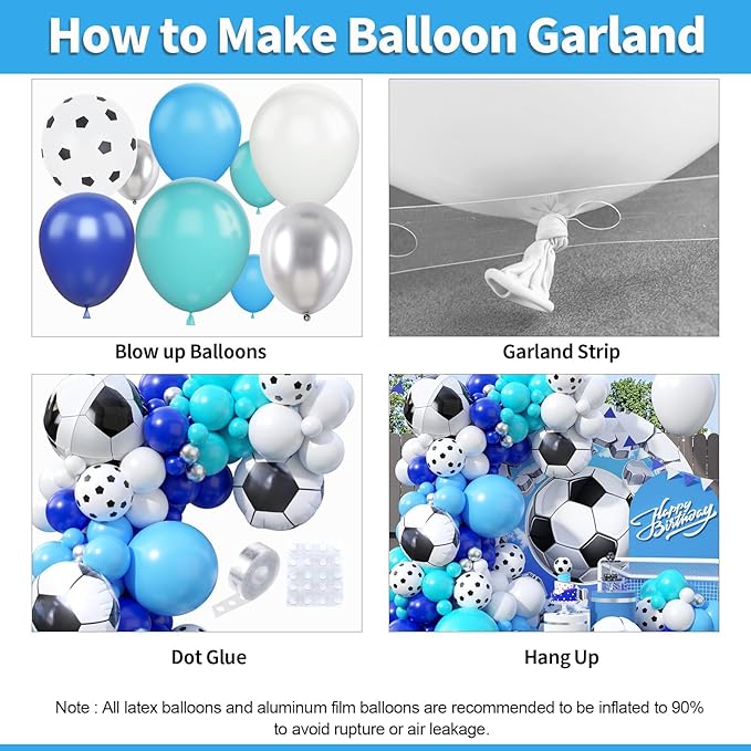 Soccer Balloon Arch Kit with 4D Football Foil Balloons, Royal Blue, White, Metallic Silver Latex Balloons for Baby Shower, Birthday, Soccer, Football Party Decorations