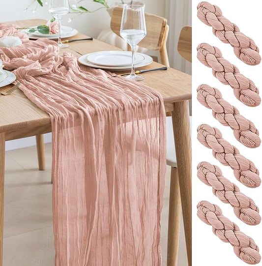 Asee'm 6pcs Cheesecloth Table Runner 120 Inches Dusty Pink Boho Gauze Cheese Cloth Runner 10FT Rustic Sheer Table Runners for Summer Wedding Baby Shower Holiday Party Decoration