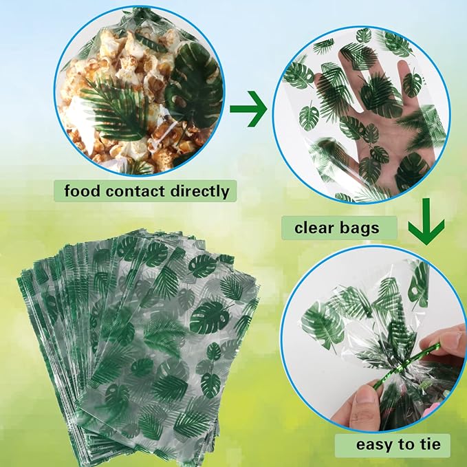 100 Pcs Clear Cellophane Treat Bags, 6 X10 Inches Hawaiian Palm Leaf Cellophane Cookie Bags for Gift Wrapping,Packaging Candies,Dessert,Bakery, Candy, Chocolate,Party Decorations