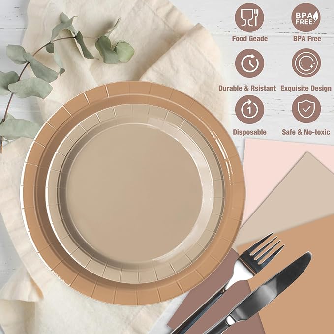 Oigco 60 PCS Brown Paper Plates Boho Baby Shower Decorations Gradient Brown Plates and Napkins for Birthday Wedding Boho Baby Shower Bridal Shower Party Supplies