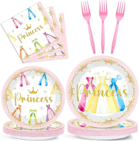 96Pcs Princess Birthday Party Decorations Princess Themed Tableware Castle Dress Plates Napkins Forks Crown Dinnerware Party Supplies for Girls Bridal Engagement Baby Shower Serve 24 Guests